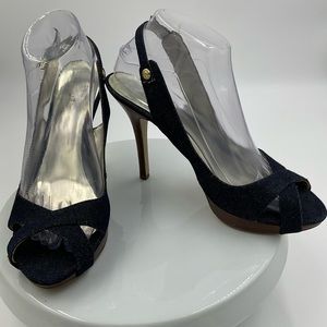 Guess By Marciano denim peep toe slingback 4.5” heel